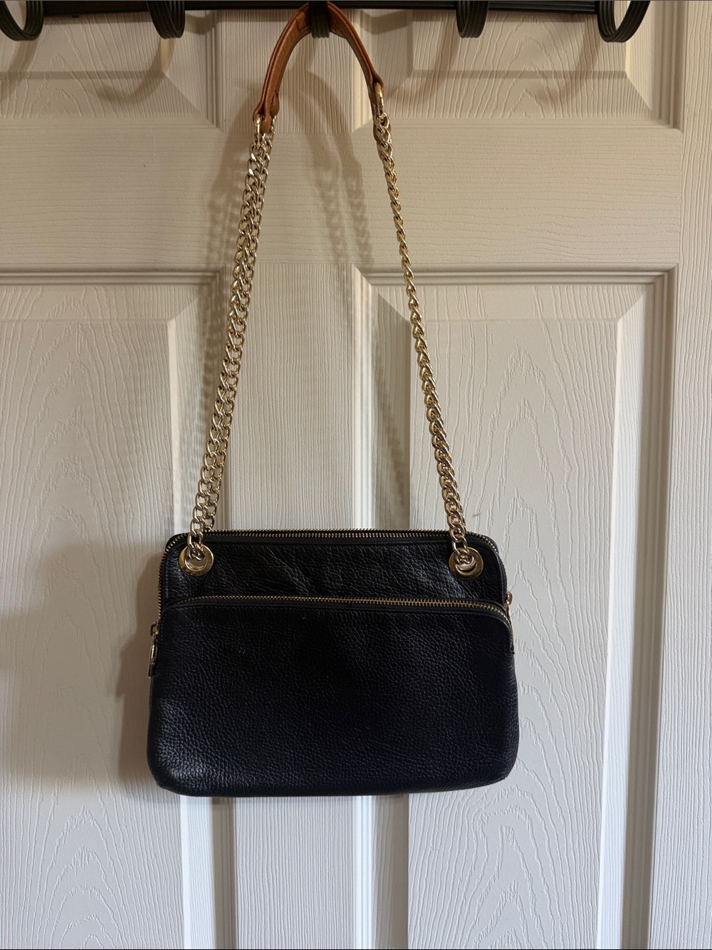 Classic Valentina Black Pebbled Leather Shoulder Bag with Gold Chain Strap